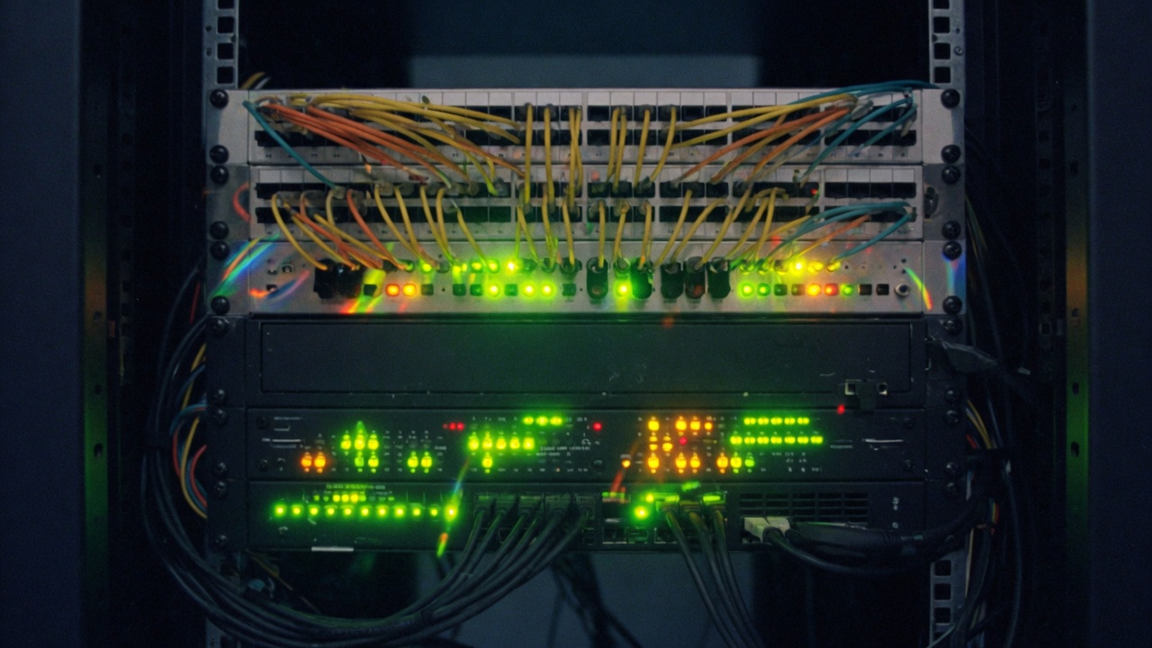 DDoS filter hardware in a dark rack, green and amber status lights, fiber in front of the hosts.